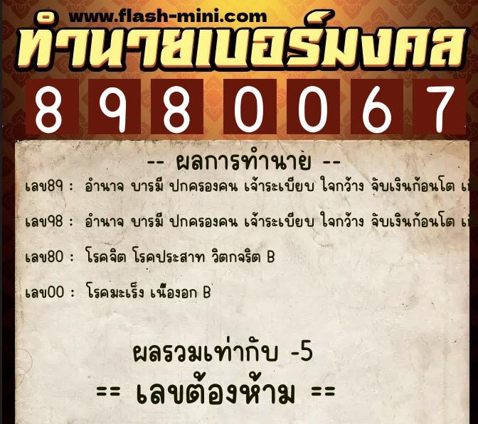 ทำนายเบอร์มงคล 0XX-8980067  ทำนายเบอร์มงคล หมายเลข 061-898006 