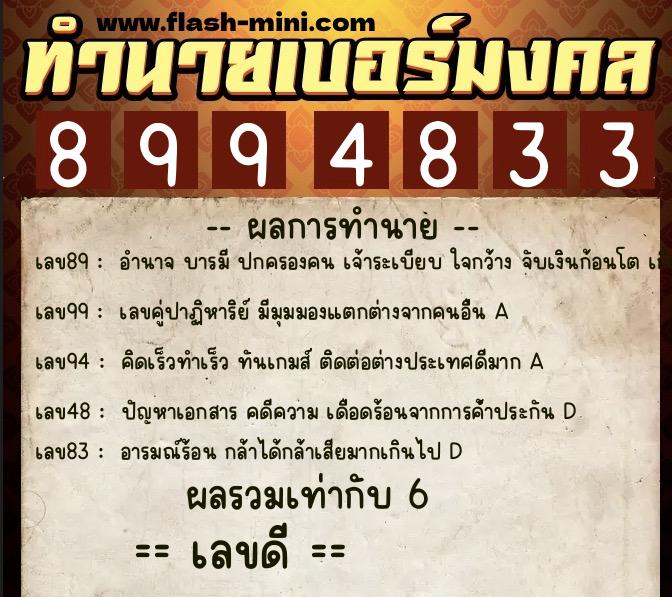 ทำนายเบอร์มงคล 0XX-8994833  ทำนายเบอร์มงคล หมายเลข 097-899483 