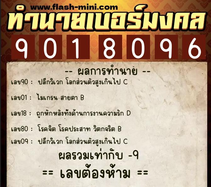 ทำนายเบอร์มงคล 0XX-9018096  ทำนายเบอร์มงคล หมายเลข 091-901809 