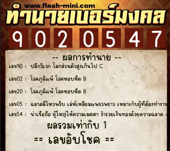 ทำนายเบอร์มงคล 0XX-9020547  ทำนายเบอร์มงคล หมายเลข 082-902054 