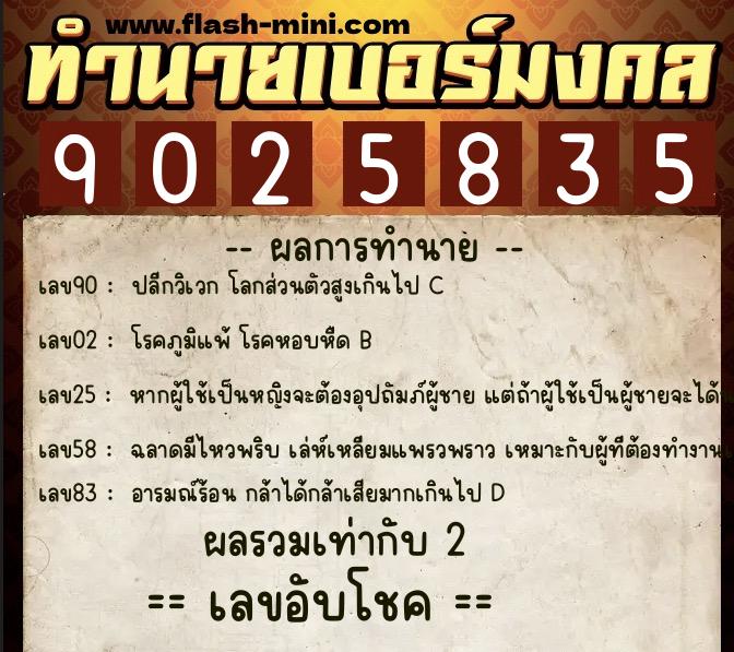 ทำนายเบอร์มงคล 0XX-9025835  ทำนายเบอร์มงคล หมายเลข 085-902583 