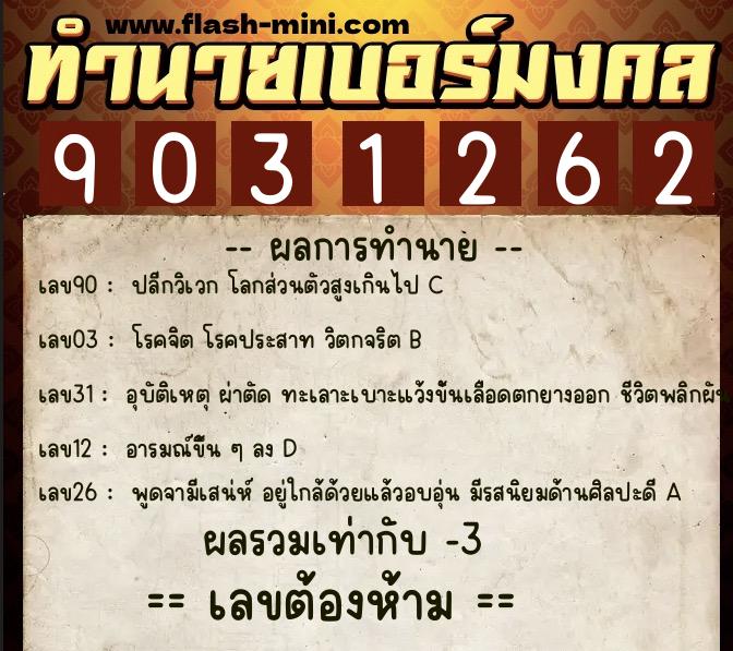 ทำนายเบอร์มงคล 0XX-9031262  ทำนายเบอร์มงคล หมายเลข 095-903126 
