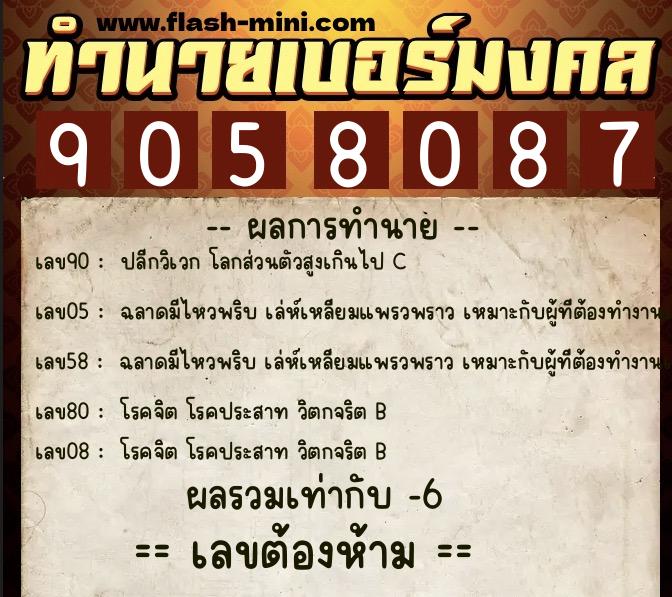 ทำนายเบอร์มงคล 0XX-9058087  ทำนายเบอร์มงคล หมายเลข 098-905808 