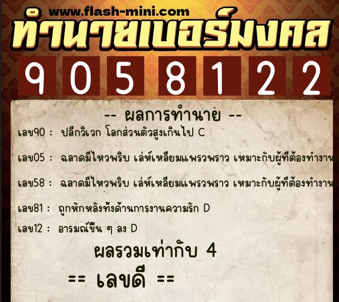ทำนายเบอร์มงคล 0XX-9058122  ทำนายเบอร์มงคล หมายเลข 062-905812 