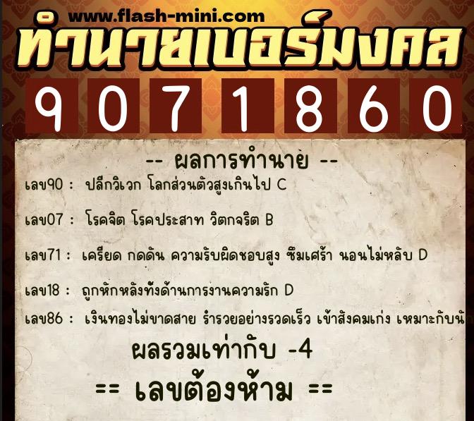 ทำนายเบอร์มงคล 0XX-9071860  ทำนายเบอร์มงคล หมายเลข 083-907186 