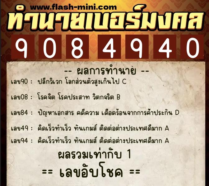 ทำนายเบอร์มงคล 0XX-9084940  ทำนายเบอร์มงคล หมายเลข 069-908494 