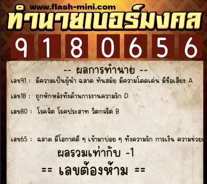 ทำนายเบอร์มงคล 0XX-9180656  ทำนายเบอร์มงคล หมายเลข 094-918065 