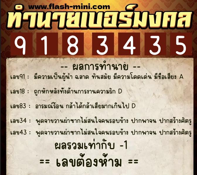 ทำนายเบอร์มงคล 0XX-9183435  ทำนายเบอร์มงคล หมายเลข 085-918343 