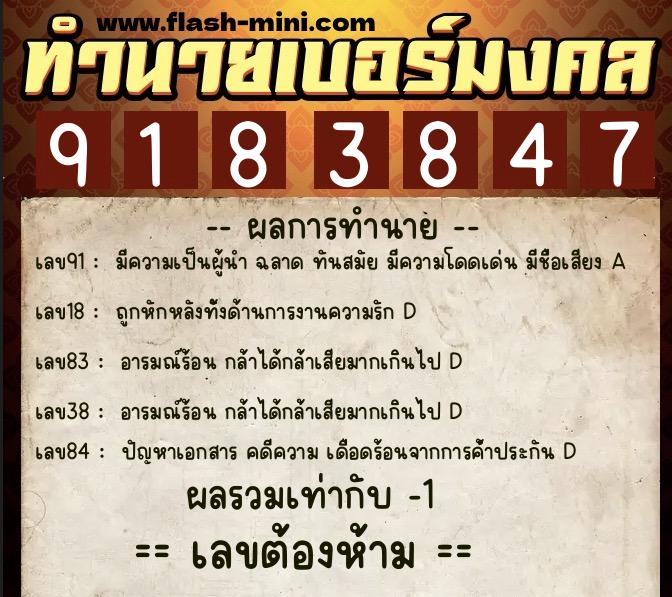 ทำนายเบอร์มงคล 0XX-9183847  ทำนายเบอร์มงคล หมายเลข 080-918384 