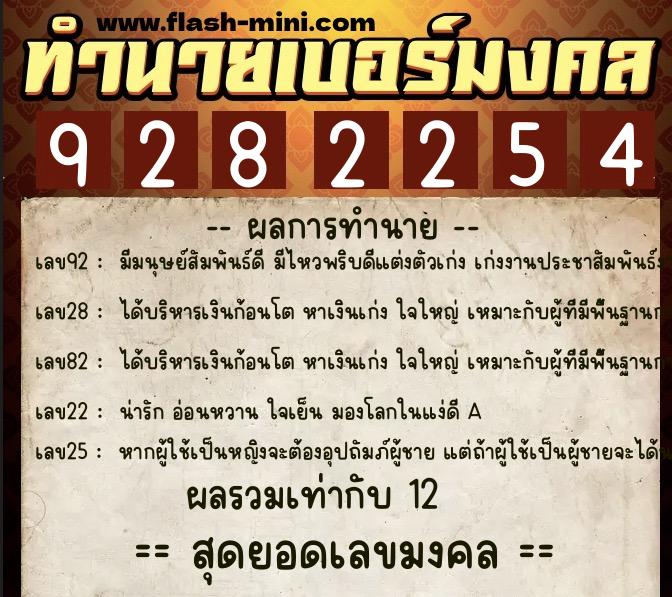 ทำนายเบอร์มงคล 0XX-9282254  ทำนายเบอร์มงคล หมายเลข 093-928225 