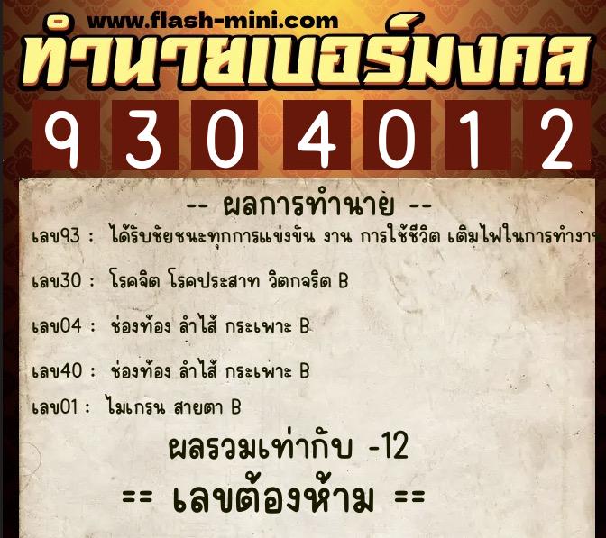 ทำนายเบอร์มงคล 0XX-9304012  ทำนายเบอร์มงคล หมายเลข 064-930401 