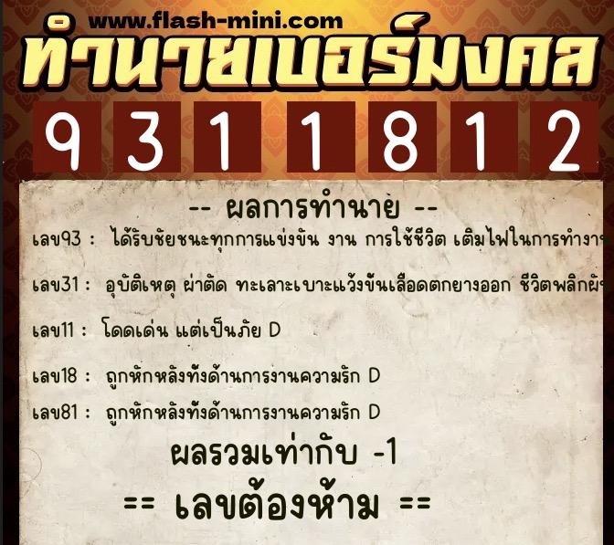 ทำนายเบอร์มงคล 0XX-9311812  ทำนายเบอร์มงคล หมายเลข 067-931181 
