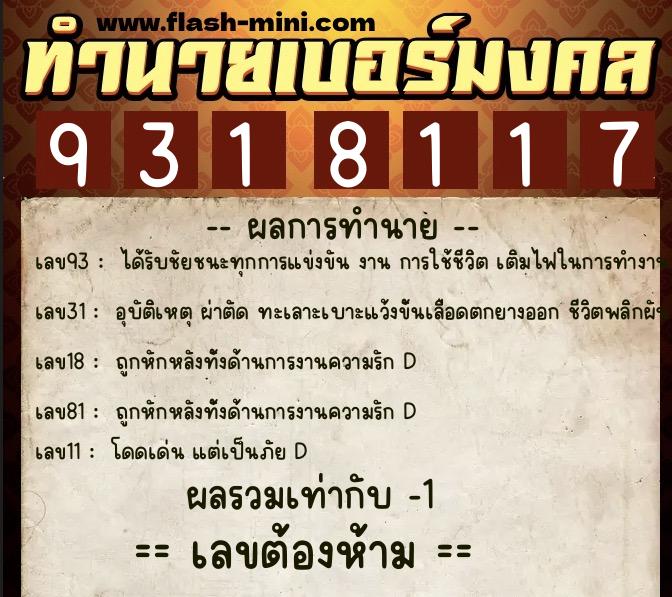 ทำนายเบอร์มงคล 0XX-9318117  ทำนายเบอร์มงคล หมายเลข 064-931811 