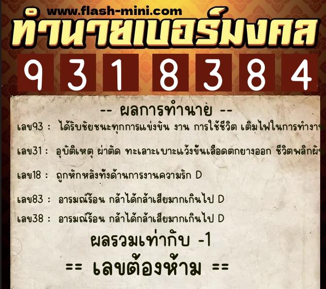 ทำนายเบอร์มงคล 0XX-9318384  ทำนายเบอร์มงคล หมายเลข 068-931838 