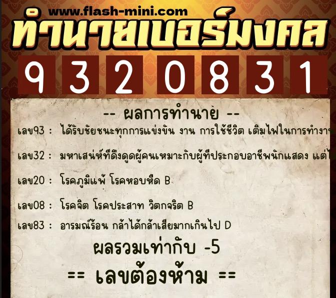 ทำนายเบอร์มงคล 0XX-9320831  ทำนายเบอร์มงคล หมายเลข 061-932083 