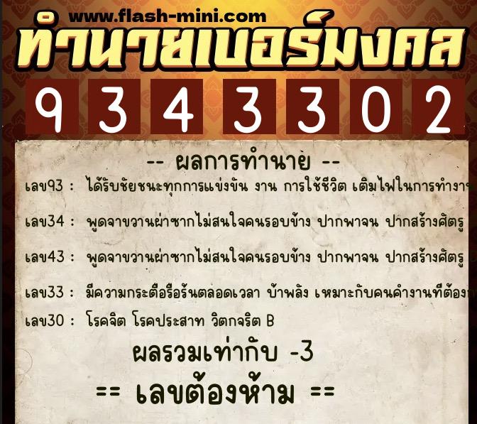 ทำนายเบอร์มงคล 0XX-9343302  ทำนายเบอร์มงคล หมายเลข 087-934330 