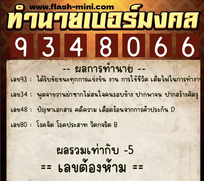 ทำนายเบอร์มงคล 0XX-9348066  ทำนายเบอร์มงคล หมายเลข 069-934806 