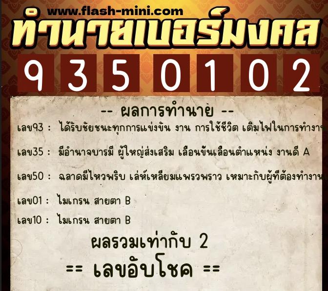 ทำนายเบอร์มงคล 0XX-9350102  ทำนายเบอร์มงคล หมายเลข 080-935010 