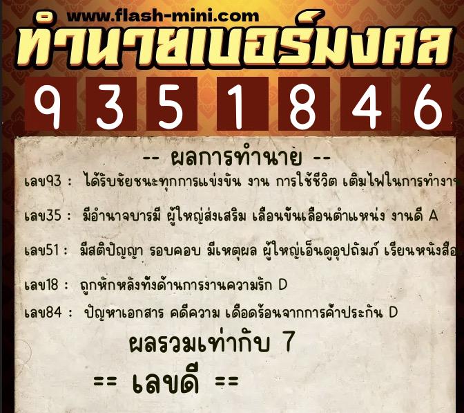 ทำนายเบอร์มงคล 0XX-9351846  ทำนายเบอร์มงคล หมายเลข 098-935184 