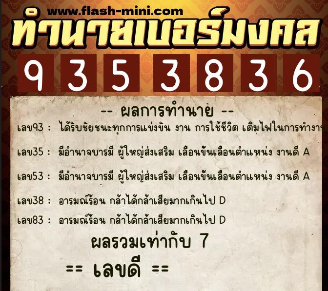 ทำนายเบอร์มงคล 0XX-9353836  ทำนายเบอร์มงคล หมายเลข 098-935383 
