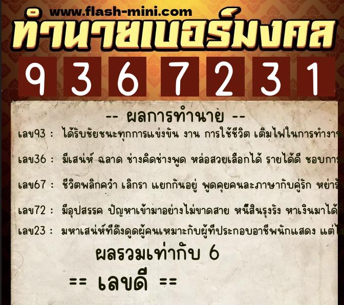 ทำนายเบอร์มงคล 0XX-9367231  ทำนายเบอร์มงคล หมายเลข 087-936723 