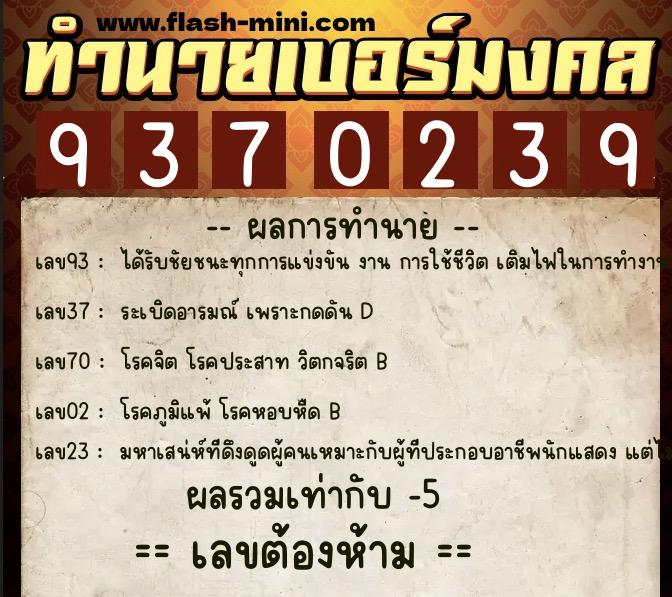 ทำนายเบอร์มงคล 0XX-9370239  ทำนายเบอร์มงคล หมายเลข 091-937023 