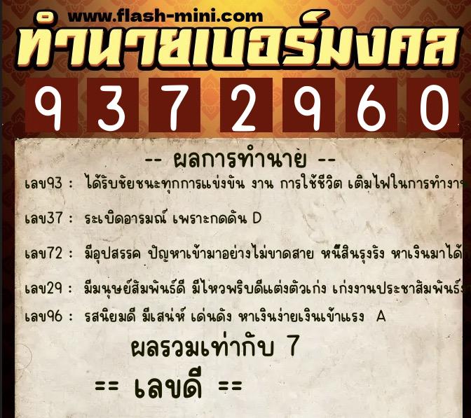 ทำนายเบอร์มงคล 0XX-9372960  ทำนายเบอร์มงคล หมายเลข 091-937296 