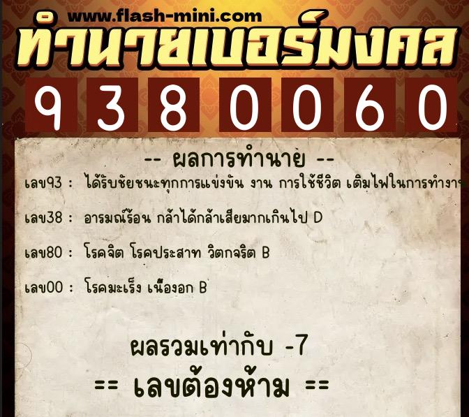 ทำนายเบอร์มงคล 0XX-9380060  ทำนายเบอร์มงคล หมายเลข 098-938006 