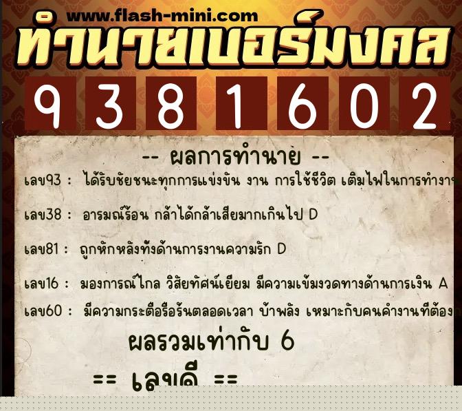 ทำนายเบอร์มงคล 0XX-9381602  ทำนายเบอร์มงคล หมายเลข 087-938160 
