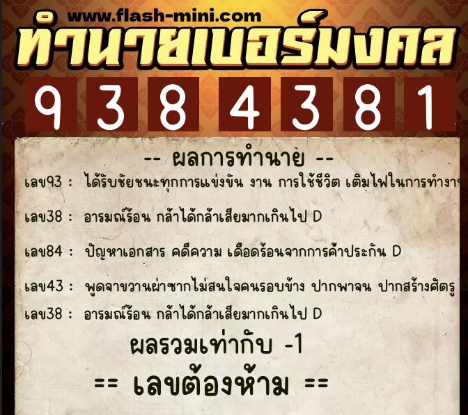 ทำนายเบอร์มงคล 0XX-9384381  ทำนายเบอร์มงคล หมายเลข 060-938438 