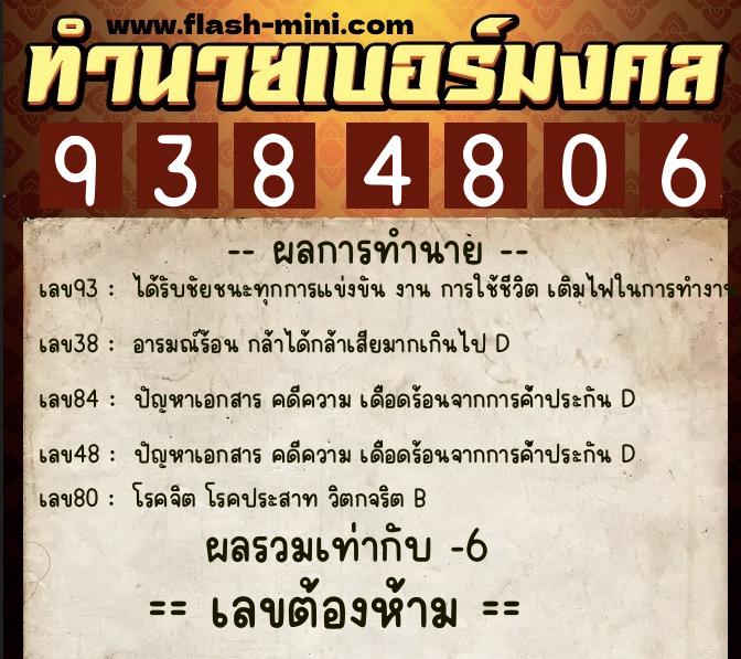 ทำนายเบอร์มงคล 0XX-9384806  ทำนายเบอร์มงคล หมายเลข 098-938480 