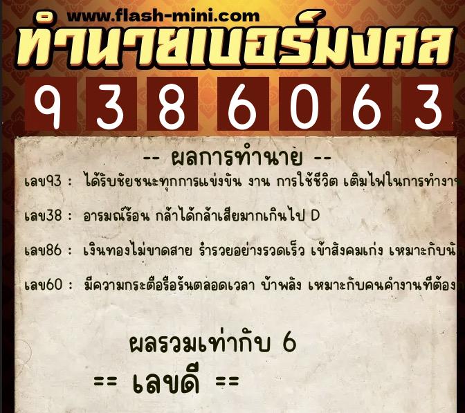 ทำนายเบอร์มงคล 0XX-9386063  ทำนายเบอร์มงคล หมายเลข 061-938606 