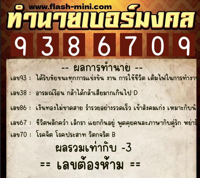 ทำนายเบอร์มงคล 0XX-9386709  ทำนายเบอร์มงคล หมายเลข 069-938670 