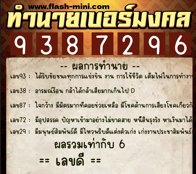ทำนายเบอร์มงคล 0XX-9387296  ทำนายเบอร์มงคล หมายเลข 060-938729 