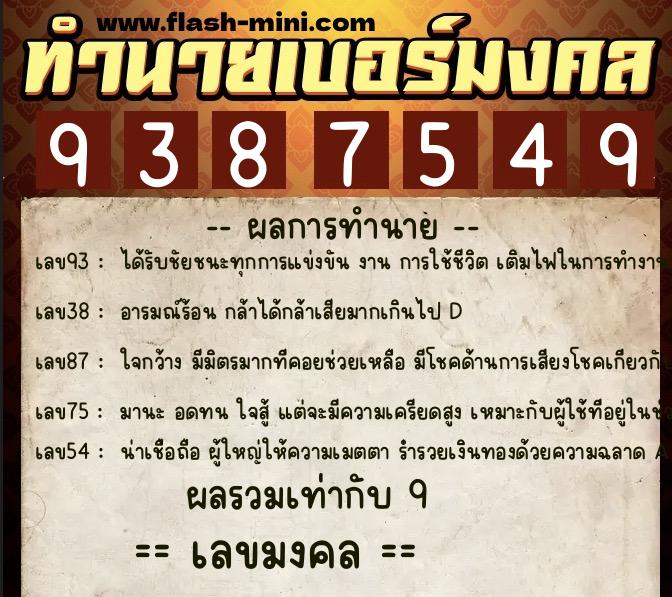 ทำนายเบอร์มงคล 0XX-9387549  ทำนายเบอร์มงคล หมายเลข 097-938754 