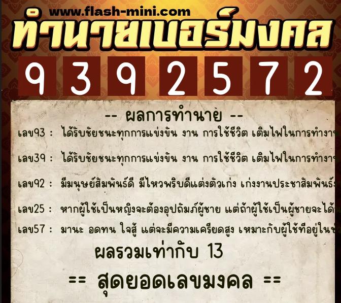 ทำนายเบอร์มงคล 0XX-9392572  ทำนายเบอร์มงคล หมายเลข 081-939257 