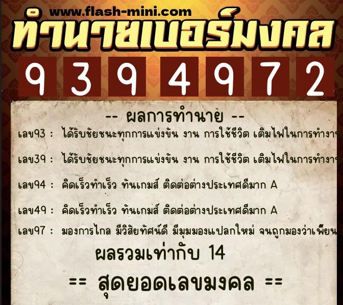 ทำนายเบอร์มงคล 0XX-9394972  ทำนายเบอร์มงคล หมายเลข 067-939497 