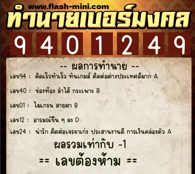 ทำนายเบอร์มงคล 0XX-9401249  ทำนายเบอร์มงคล หมายเลข 099-940124 