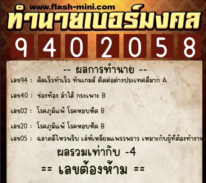 ทำนายเบอร์มงคล 0XX-9402058  ทำนายเบอร์มงคล หมายเลข 082-940205 