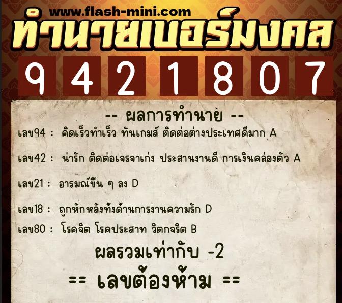 ทำนายเบอร์มงคล 0XX-9421807  ทำนายเบอร์มงคล หมายเลข 089-942180 
