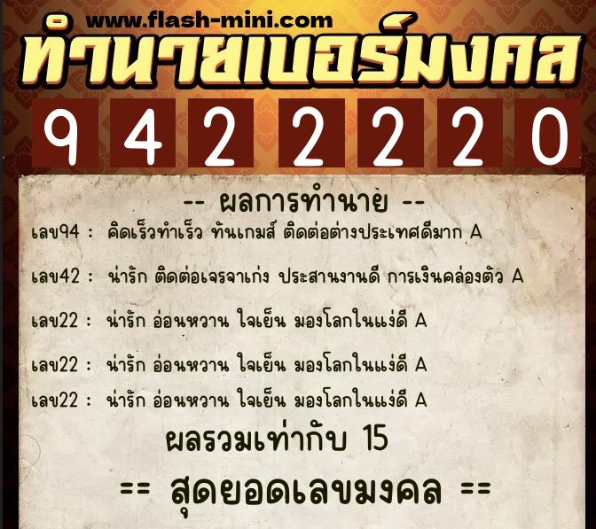 ทำนายเบอร์มงคล 0XX-9422220  ทำนายเบอร์มงคล หมายเลข 088-942222 