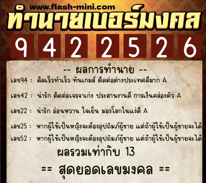 ทำนายเบอร์มงคล 0XX-9422526  ทำนายเบอร์มงคล หมายเลข 084-942252 
