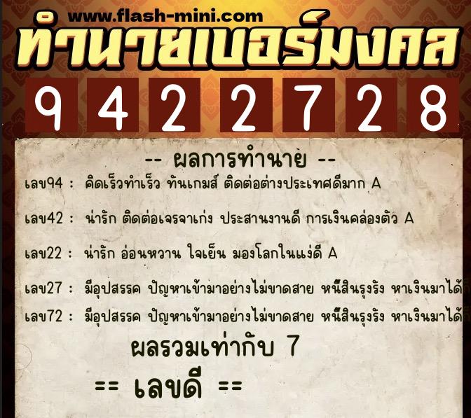 ทำนายเบอร์มงคล 0XX-9422728  ทำนายเบอร์มงคล หมายเลข 066-942272 