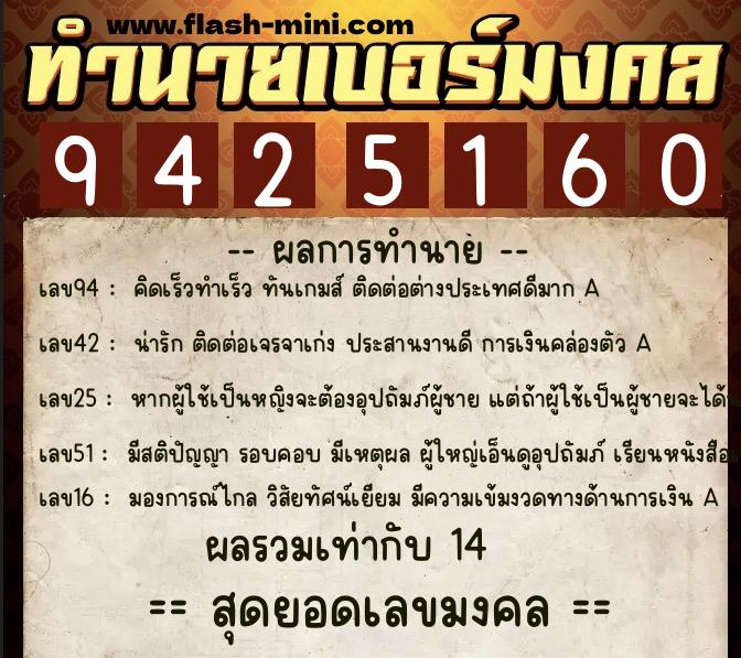 ทำนายเบอร์มงคล 0XX-9425160  ทำนายเบอร์มงคล หมายเลข 095-942516 