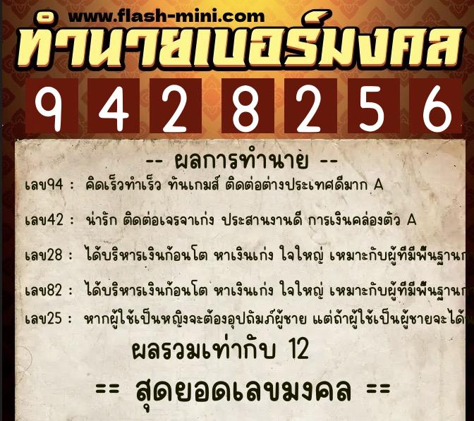 ทำนายเบอร์มงคล 0XX-9428256  ทำนายเบอร์มงคล หมายเลข 069-942825 