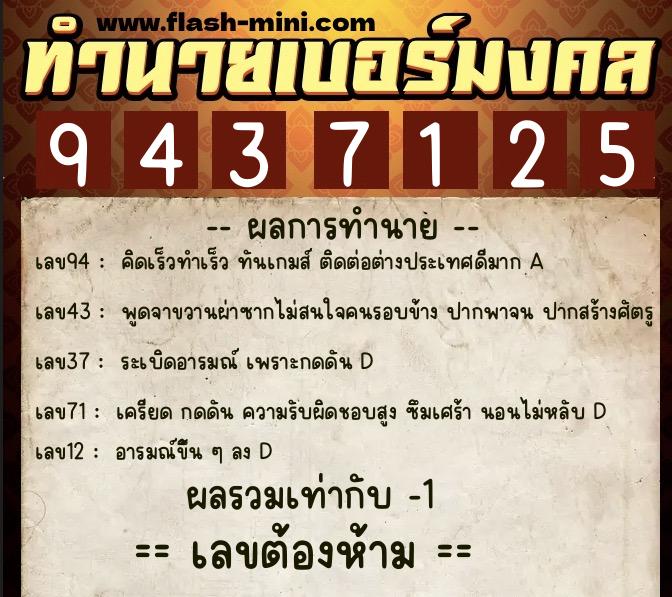 ทำนายเบอร์มงคล 0XX-9437125  ทำนายเบอร์มงคล หมายเลข 081-943712 