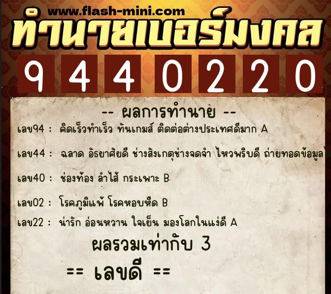 ทำนายเบอร์มงคล 0XX-9440220  ทำนายเบอร์มงคล หมายเลข 083-944022 