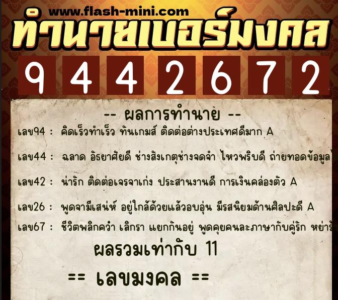 ทำนายเบอร์มงคล 0XX-9442672  ทำนายเบอร์มงคล หมายเลข 084-944267 