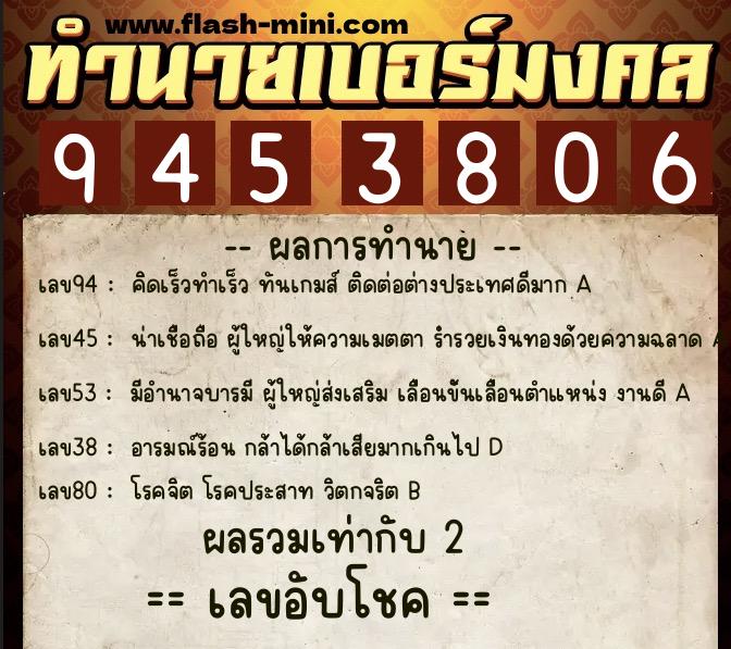 ทำนายเบอร์มงคล 0XX-9453806  ทำนายเบอร์มงคล หมายเลข 096-945380 