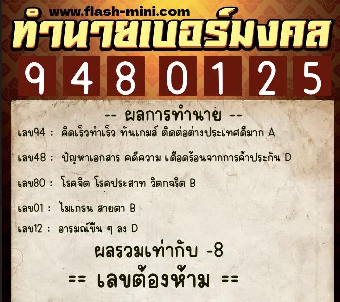 ทำนายเบอร์มงคล 0XX-9480125  ทำนายเบอร์มงคล หมายเลข 088-948012 